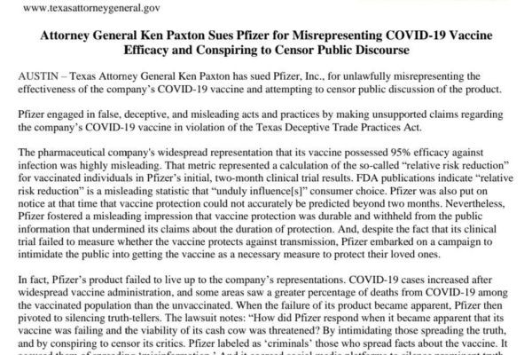 Генпрокуратура штата Техас подает в суд на фармконцерн Pfizer за искажение информации о безопасности вакцины против COVID-19..